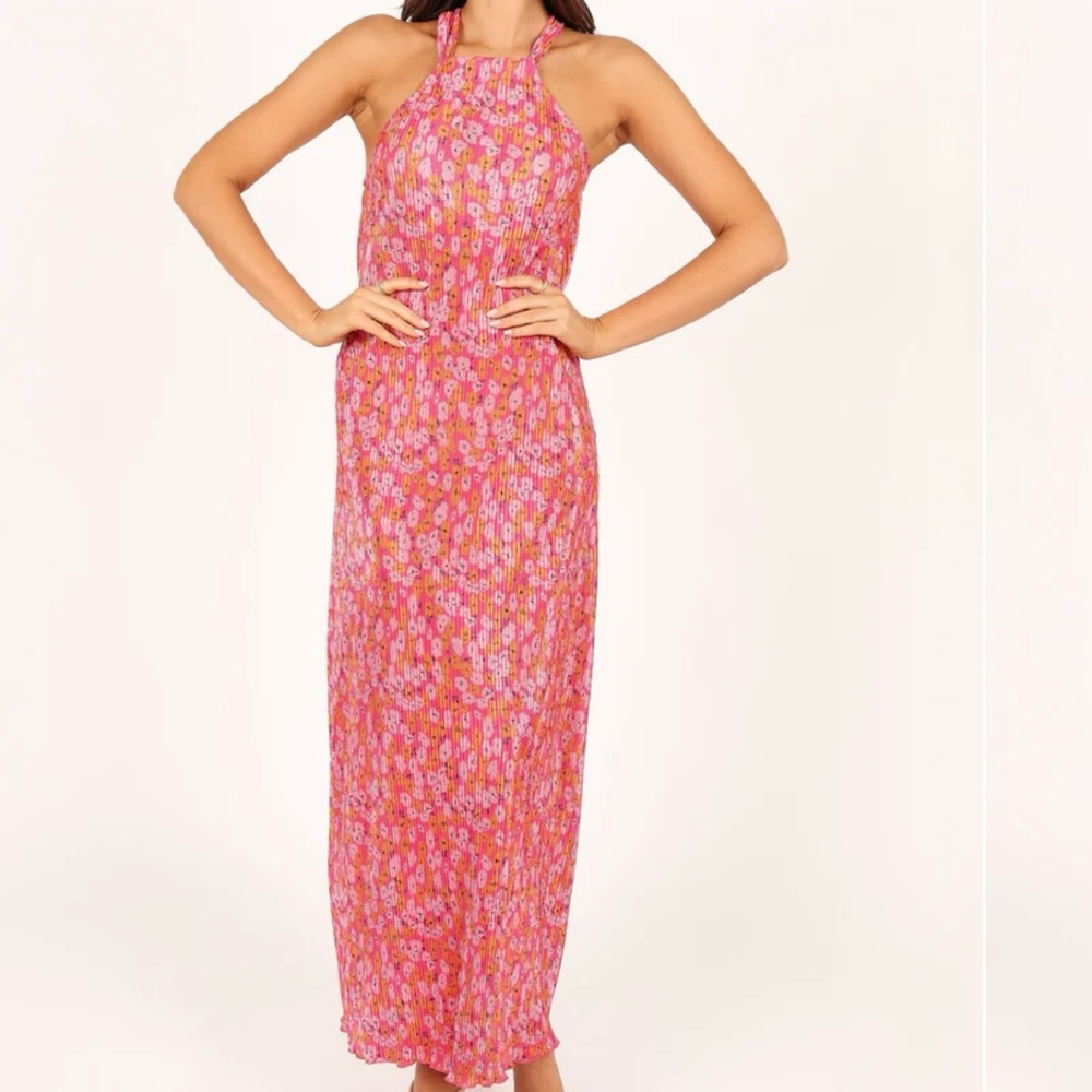 Petal and Pup Melody Plisse Halter Maxi Dress - Hot Pink Floral Medium